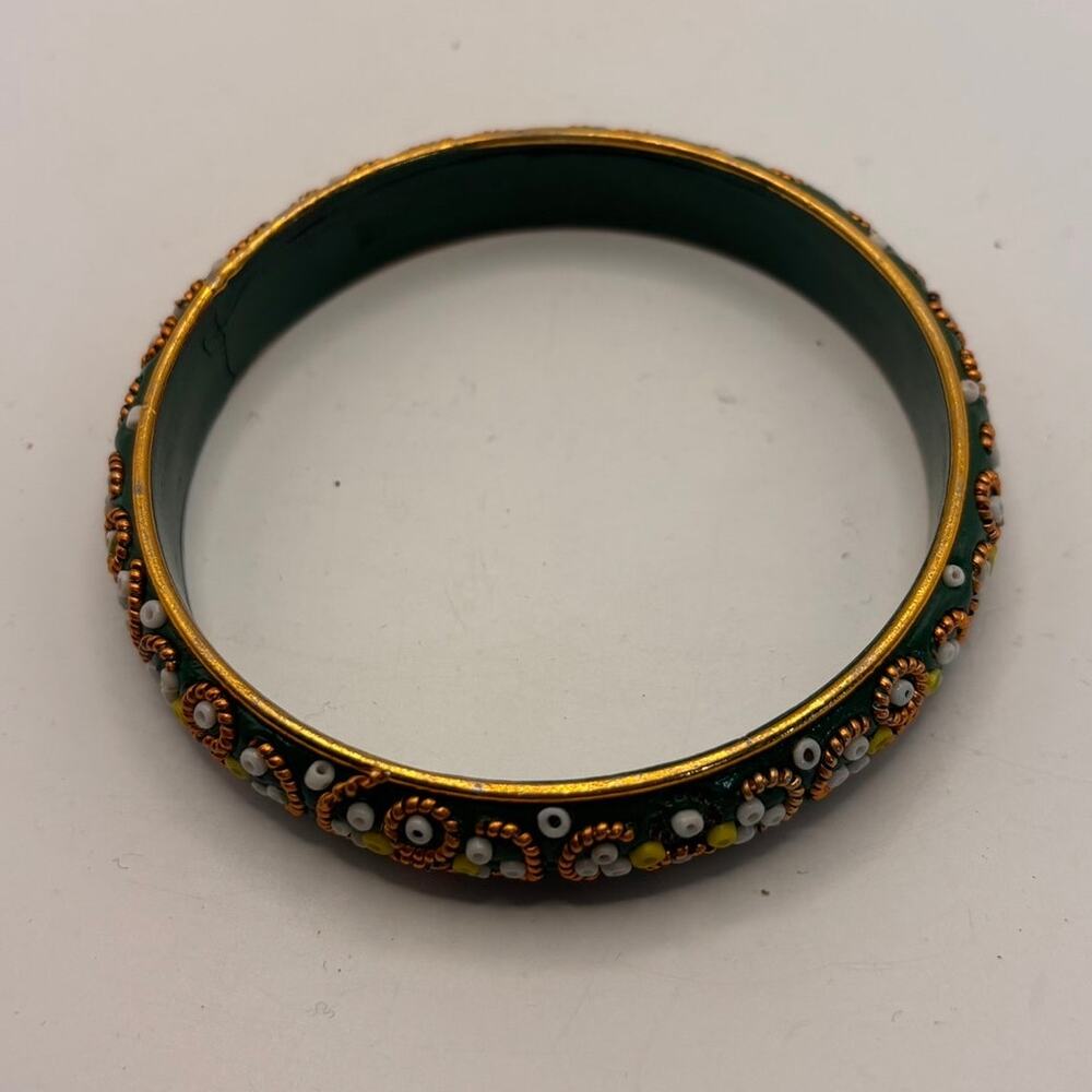 Green Enamel Beaded Bangle Bracelet Gold Tone Floral Boho Vintage Style